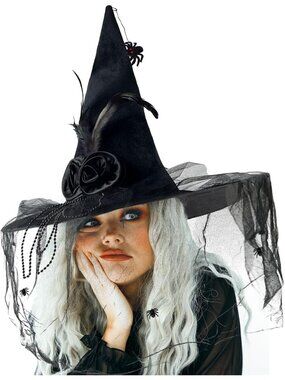 🎃Women Black Witch Hat-3 Velvet Costume Detachable Spider Halloween Witch Hat